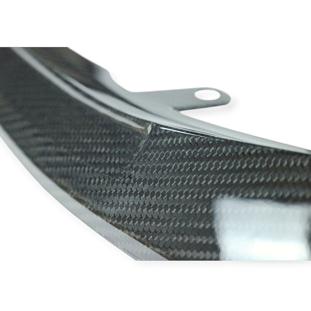 Carbon Corp. MP style carbon fiber front splitter for BMW M3 G80 and M4 G82 showing detailed weave pattern