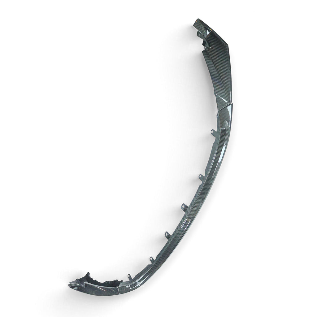 Carbon Corp. MP style carbon fiber front splitter for BMW M3 G80 and M4 G82 with a glossy weave finish.