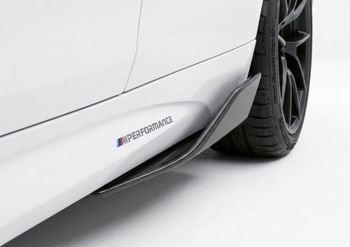 Carbon Corp. M Performance style carbon fiber side skirt winglet installed on a white BMW M2 F87 rear wheel arch