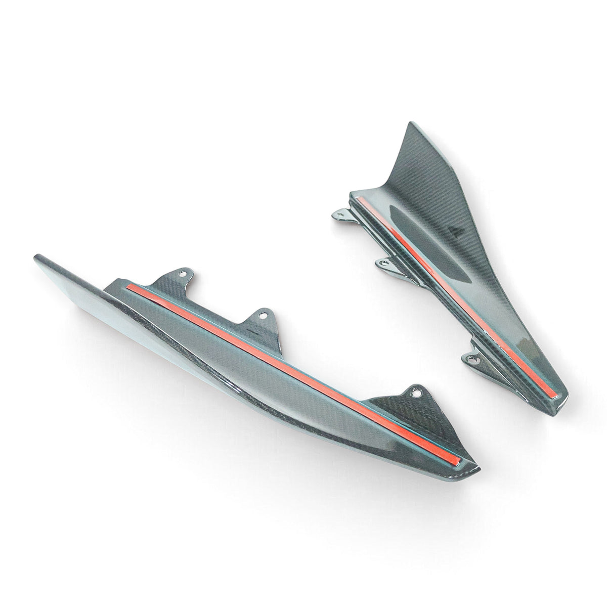 Carbon Corp. BMW M2 F87 carbon fiber side skirt winglets with high-gloss finish and pre-applied adhesive strips.
