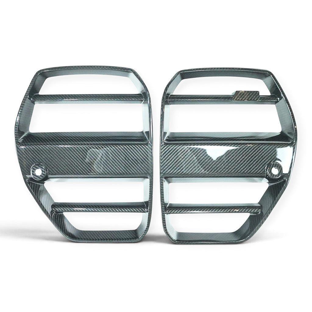 Carbon Corp. V-style carbon fibre front grille for BMW M3 G80 and M4 G82 non-ACC models with glossy finish.