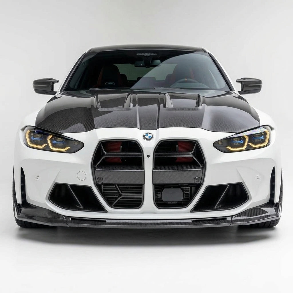 Carbon Corp. CSL style carbon fibre front grille on a white BMW M3 G80 with integrated ACC radar sensor mount