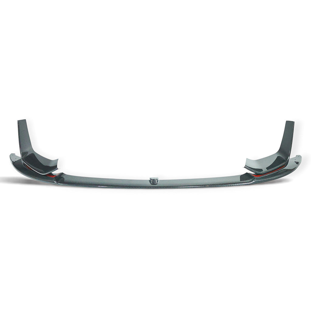 Carbon Corp. 3-piece dry carbon fiber front splitter for BMW M3 F80 and M4 F82 in high-gloss MP style design