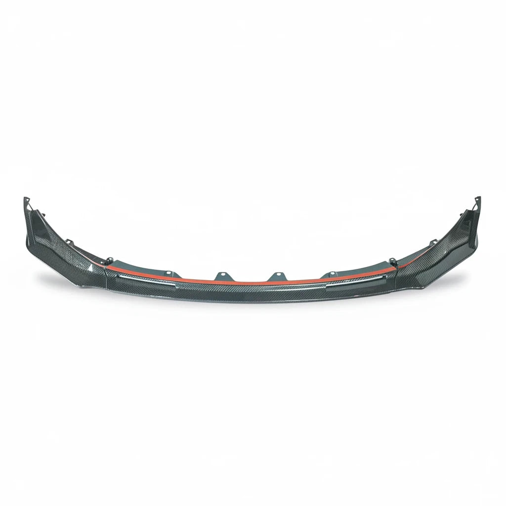 Carbon Corp. V-style carbon fibre front splitter for BMW M3 G80 and M4 G82 with a glossy finish and aggressive design.