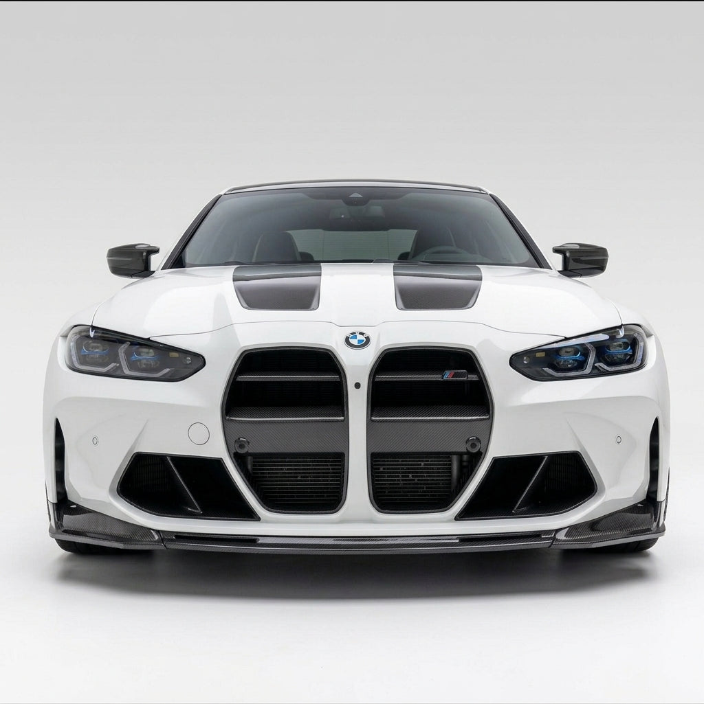 Carbon Corp. V Style carbon fibre front grille with ACC cutout installed on a white BMW M3 G80 front fascia.