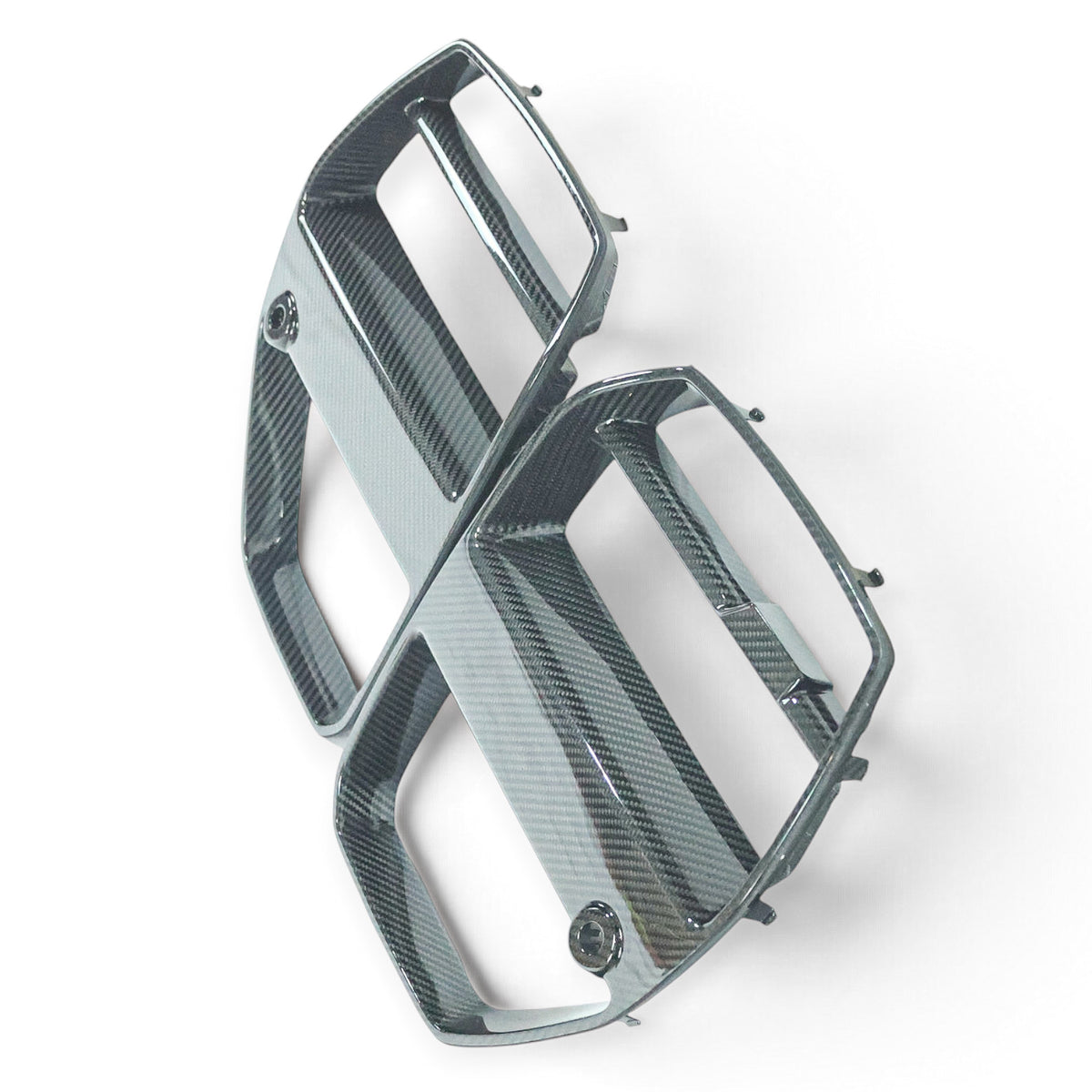 Carbon Corp. V-style carbon fibre front grille for BMW M3 G80 and M4 G82 with integrated ACC radar module cutouts.