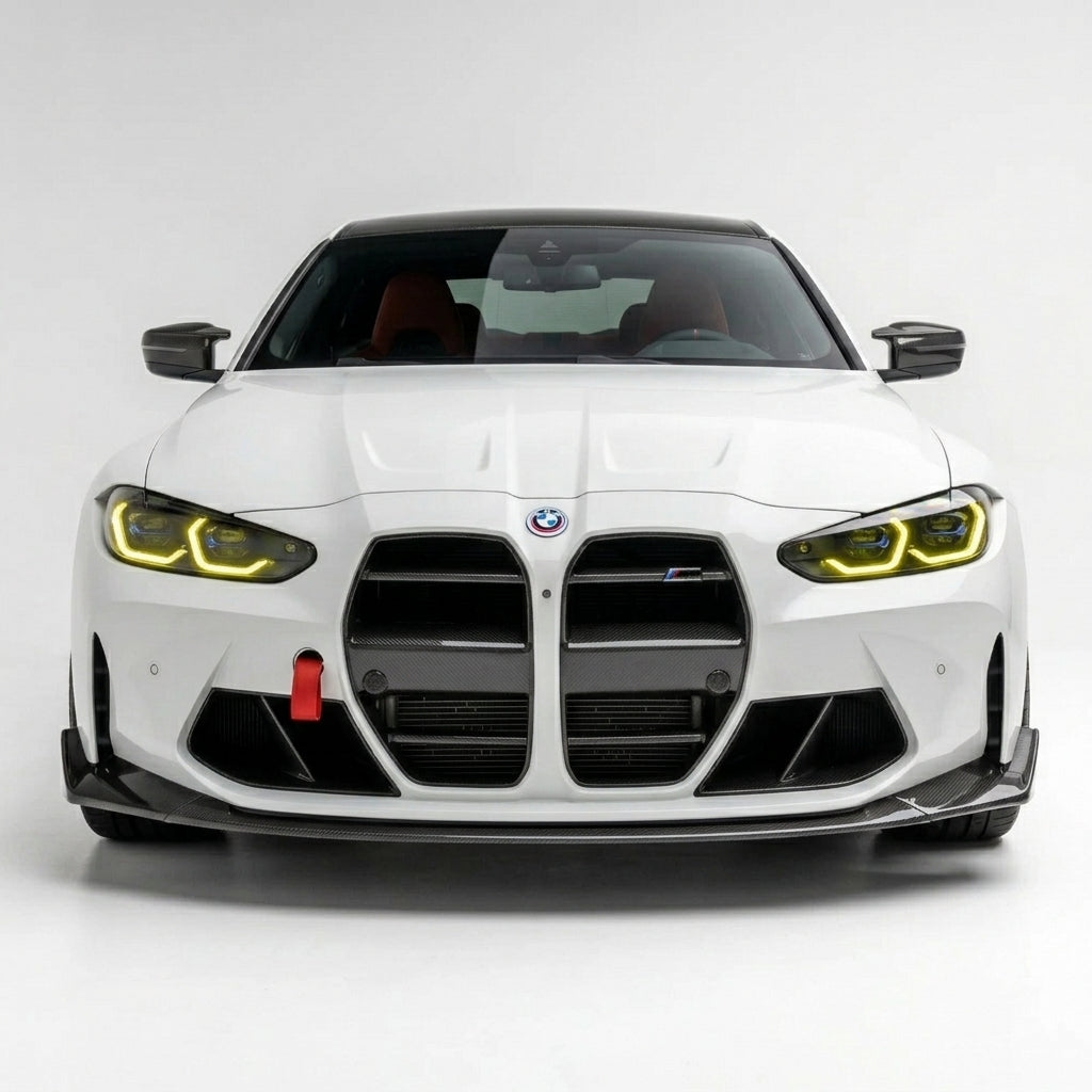 Carbon Corp. V Style carbon fibre front grille on a white BMW M3 G80 with yellow headlights and front splitter